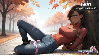 Under the falling autumn leaves, a hot, salivating woman in a black undergarment