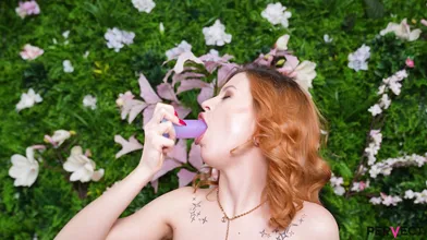 Petite redhead Mia Stone squirts all over our studio