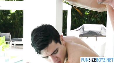 Poor petite twink banged by two big cocks