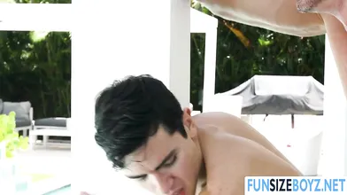 Poor petite twink banged by two big cocks