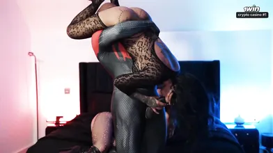 Three-way with a phat ebony fuck-stick in a Halloween costume - XXX!