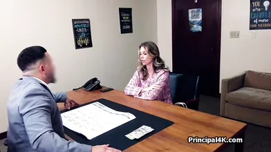 Titty wife bouncing on principals dick while calling home