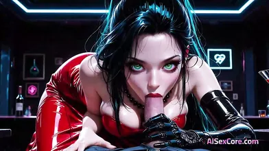 Cyber babe takes bar cock screaming as cum showers her face