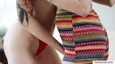 Tattooed babe loves licking the ass of friend
