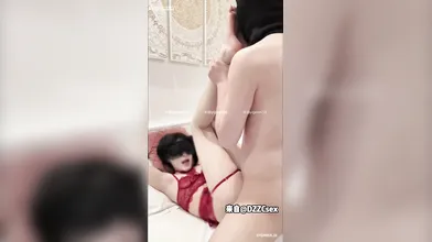 Passionate Asian Couple Hotel Room Sex in Red Lingerie