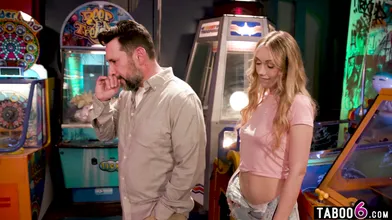 Naughty teen stepdaughter blows her old stepdad in the arcade