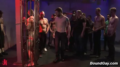Randall OReilly Bound In Public Gay Gangbang Cage Oral Blowjob At Leather Playspace