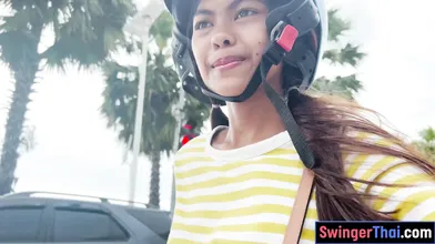 Cute Thai teen amateur takes a big white cock in her petite pussy