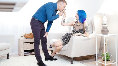 Blue-haired babe enjoys dick on floor