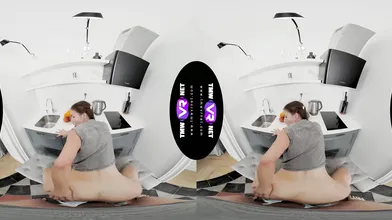 Cutie gives blowjob for fruits