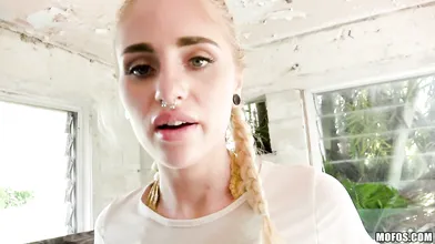 Delicious blondie teen Naomi Woods gets a dose of cock in an abandoned house