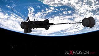 Earth orbit. Sci-fi sex android plays with a hot young blonde
