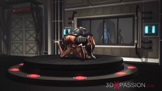 Secrets of Area 51. Sci-fi male android plays with a hot girl in the lab