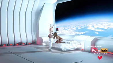 3d sexy sci-fi dickgirl alien plays with a hot girl in the space station