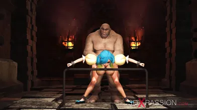 Big monster bangs a cuffed fantasy girl elf in the dungeon