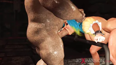 Big monster bangs a cuffed fantasy girl elf in the dungeon