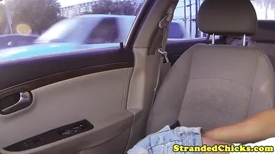 Stranded teen fucked before getting her titties covered