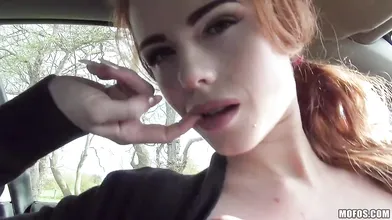 Redhead slut fucks dude with car