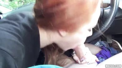 Redhead slut fucks dude with car
