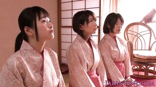 3 kimono babes jerking the same dude