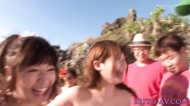 Hot Asians at the beach take turns pleasing hard dicks