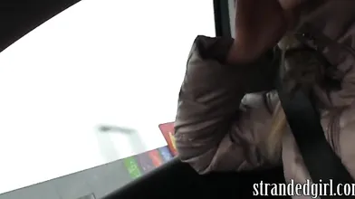 Sexy blonde teen hitchhiker fucks a big cock in the car