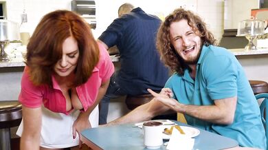 Busty redhead mature waitress flashes tits for a bigger tip