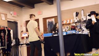 Sexy Latina squirts in sex shop then gets dicked