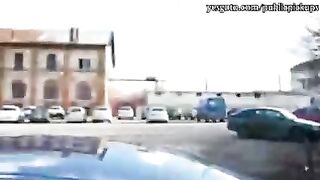 Hot European blond gets money to show her pussy and suck dick in her car