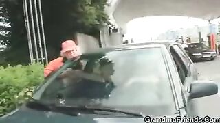 Horny old car cleaning lady goes for a ride and sucks two random guys cocks