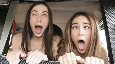 2 Teen Nymphoes go Backseat Ahegao in Taxi