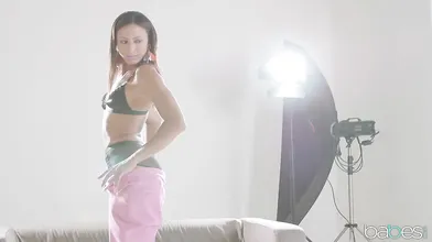Beautiful brunette model spreads her cheeks and gets her asshole banged