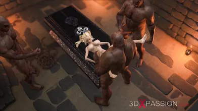 Dungeon orgy. Blonde teenager girl and 3 orcs. 3d animation