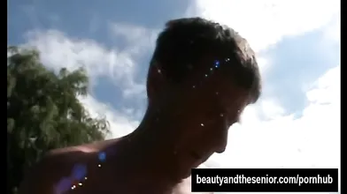 Blond teen babe fuck an old guy outdoors