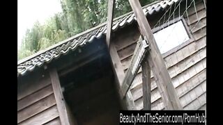 Brunette teen cutie suck an old cock outdoors