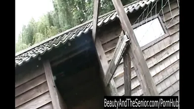 Brunette teen cutie suck an old cock outdoors