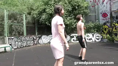 Pigtail Teen Taking Money from Old Couple