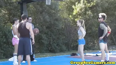 Sporty amateurs playing party games sucking