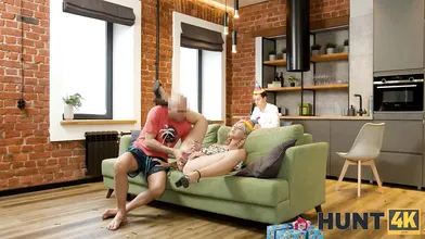 HUNT4K. Pretty blonde analyzed by hunk while her boyfriend counts the cash