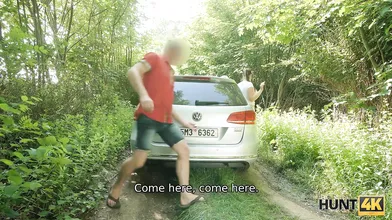 HUNT4K. Bruiser hides anger while rich hunter is fucking his busty GF
