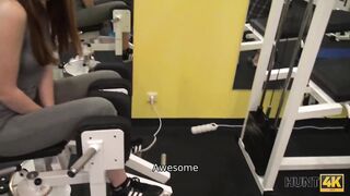 HUNT4K Cute girl instead of training has sex in gym with rich hunter
