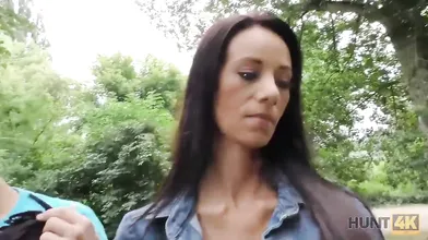 HUNT4K. Graceful brunette gives blowjob and gets banged for cash