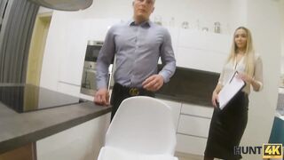 HUNT4K. Blonde in stockings and shirt is ready for sex to close deal