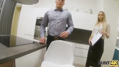 HUNT4K. Blonde in stockings and shirt is ready for sex to close deal