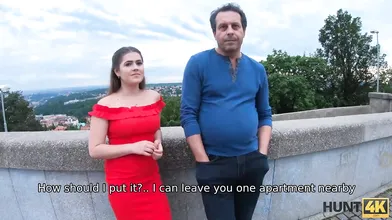 HUNT4K. Sweet pale-skinned lady in red dress gets fucked in front of her dadd
