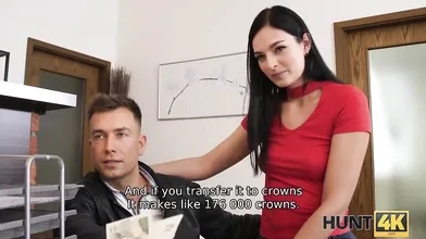 HUNT4K. After short conversation, brunette agrees to have dirty sex