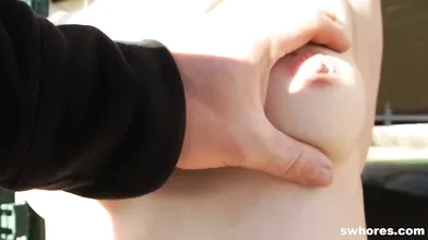 Anorexic Street Whore Shoves Meat In Her Mouth for Cash