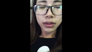 T-girl next door Asian Ladyboy dildo play and cum on belly jerking off
