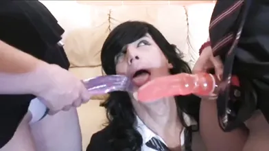 Two teachers strap-on dildo fucking a sissy femboy student
