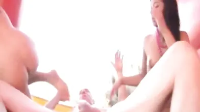Two young sluts tag team old guy